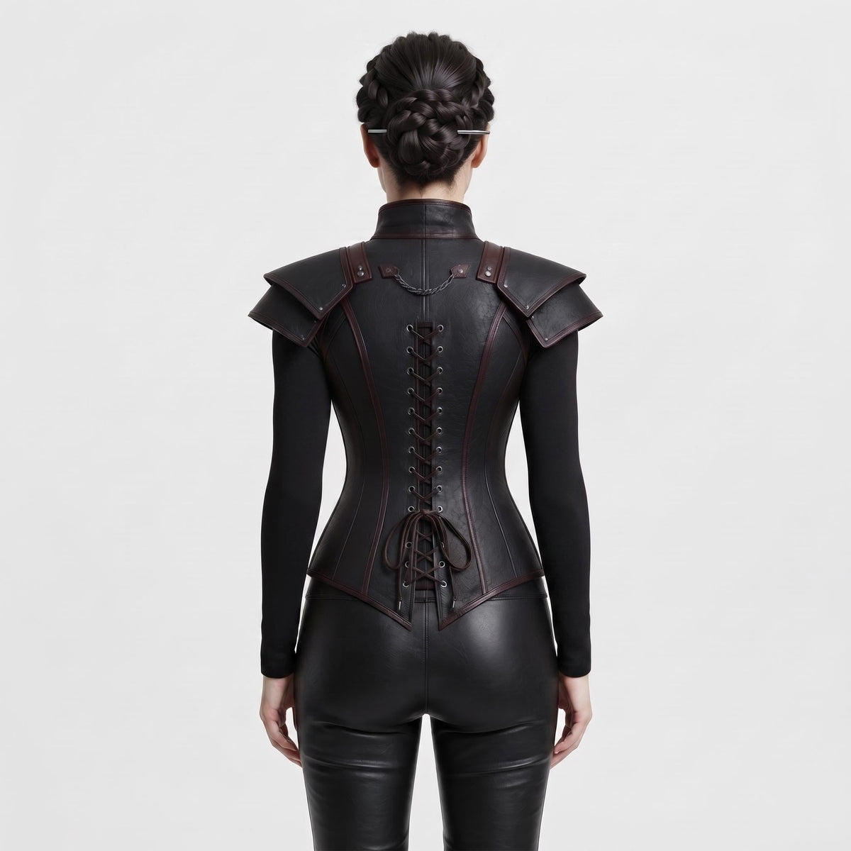 Black Faux Leather Corset Armor | Women's Gothic Burgundy Trim Bodice, Steampunk Warrior Costume Top - Timber AND Hide