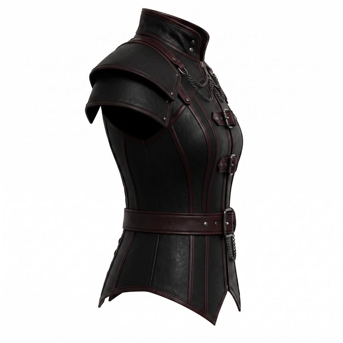 Black Faux Leather Corset Armor | Women's Gothic Burgundy Trim Bodice, Steampunk Warrior Costume Top - Timber AND Hide