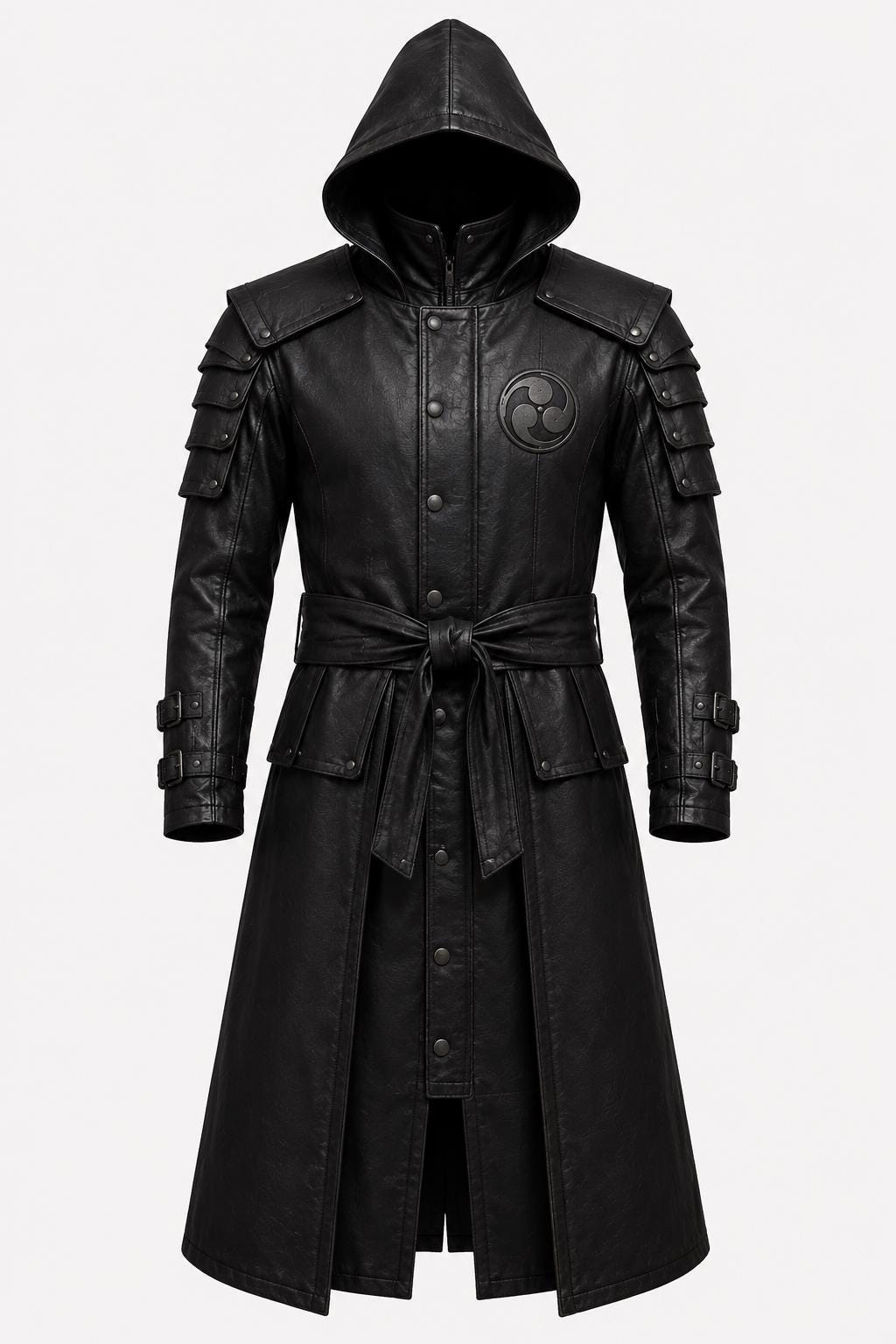 Black Leather Samurai Armor Trench Coat, Hooded Warrior Jacket, Gothic Cosplay Apparel - Timber AND Hide