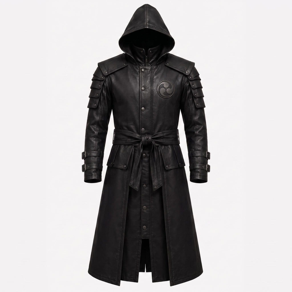 Black Leather Samurai Armor Trench Coat, Hooded Warrior Jacket, Gothic Cosplay Apparel - Timber AND Hide