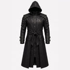 Black Leather Samurai Armor Trench Coat, Hooded Warrior Jacket, Gothic Cosplay Apparel - Timber AND Hide