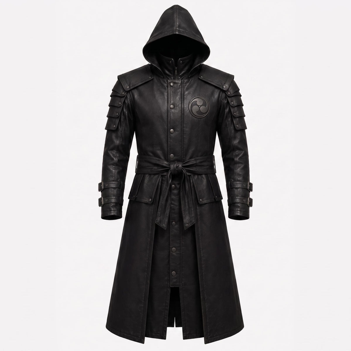 Black Leather Samurai Armor Trench Coat, Hooded Warrior Jacket, Gothic Cosplay Apparel - Timber AND Hide