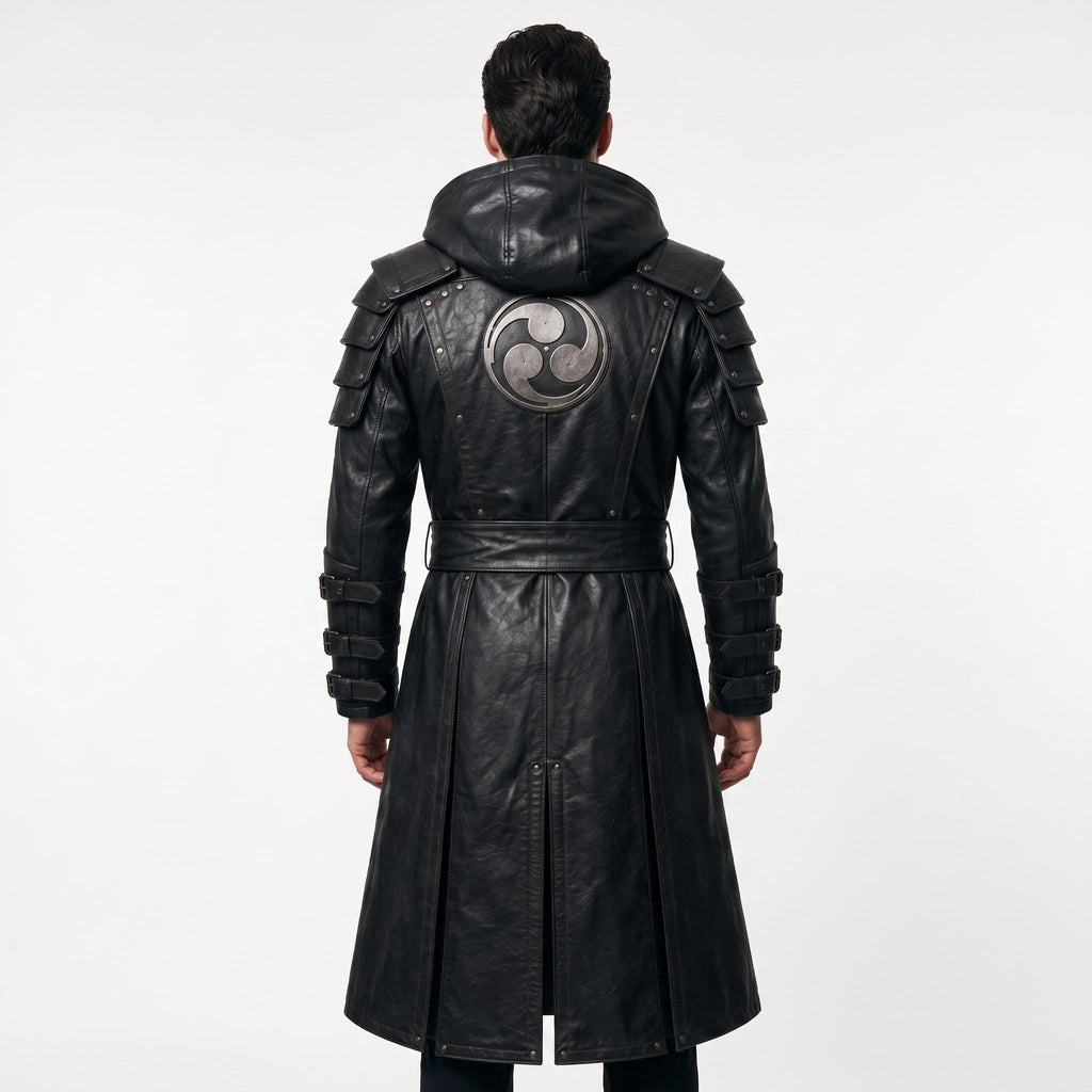 Black Leather Samurai Armor Trench Coat, Hooded Warrior Jacket, Gothic Cosplay Apparel - Timber AND Hide