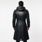 Black Leather Samurai Armor Trench Coat, Hooded Warrior Jacket, Gothic Cosplay Apparel - Timber AND Hide