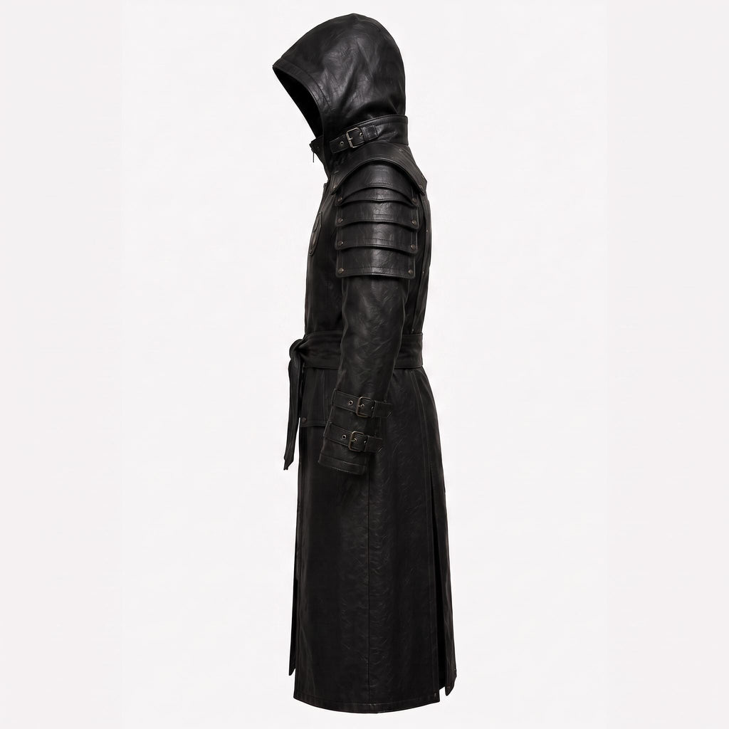 Black Leather Samurai Armor Trench Coat, Hooded Warrior Jacket, Gothic Cosplay Apparel - Timber AND Hide