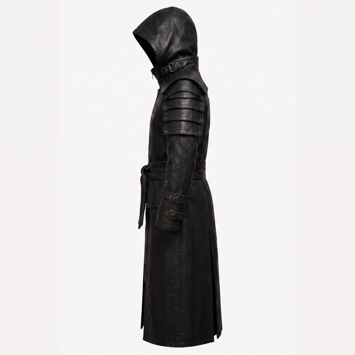 Black Leather Samurai Armor Trench Coat, Hooded Warrior Jacket, Gothic Cosplay Apparel - Timber AND Hide