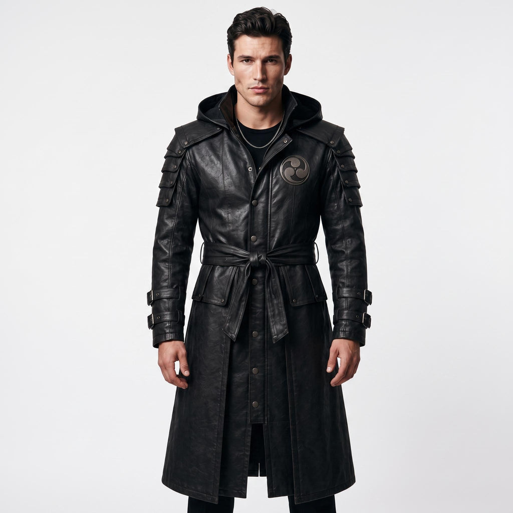 Black Leather Samurai Armor Trench Coat, Hooded Warrior Jacket, Gothic Cosplay Apparel - Timber AND Hide