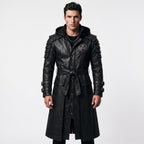 Black Leather Samurai Armor Trench Coat, Hooded Warrior Jacket, Gothic Cosplay Apparel - Timber AND Hide