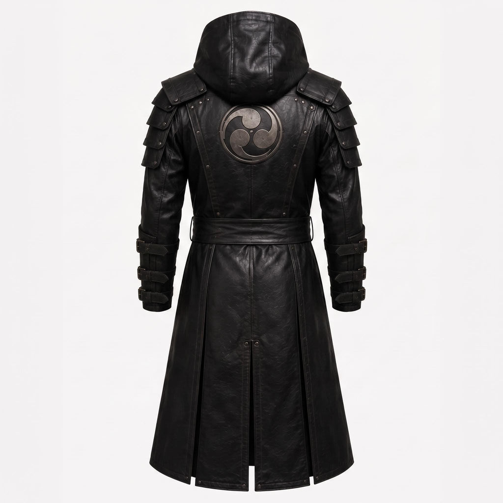 Black Leather Samurai Armor Trench Coat, Hooded Warrior Jacket, Gothic Cosplay Apparel - Timber AND Hide