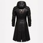 Black Leather Samurai Armor Trench Coat, Hooded Warrior Jacket, Gothic Cosplay Apparel - Timber AND Hide