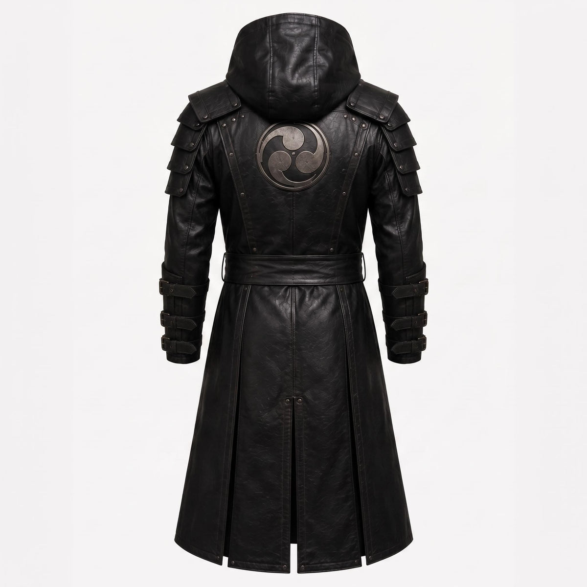 Black Leather Samurai Armor Trench Coat, Hooded Warrior Jacket, Gothic Cosplay Apparel - Timber AND Hide