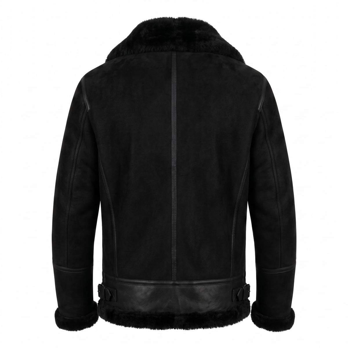 Black Suede Lamb Shearling Biker Jacket with Buckle Collar – Premium Suede Shearling Jacket - Timber AND Hide