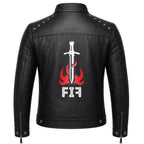 Brown Leather Biker Jacket with Sword Flame Graphic – Moto Punk Streetwear Coat - Timber AND Hide
