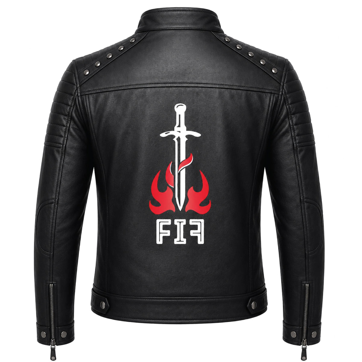 Brown Leather Biker Jacket with Sword Flame Graphic – Moto Punk Streetwear Coat - Timber AND Hide