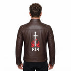 Brown Leather Biker Jacket with Sword Flame Graphic – Moto Punk Streetwear Coat - Timber AND Hide