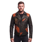 Timber&Hide Men's Leather Biker Moto Jacket | Gothic Cross Design | Embroidered Patch jacket