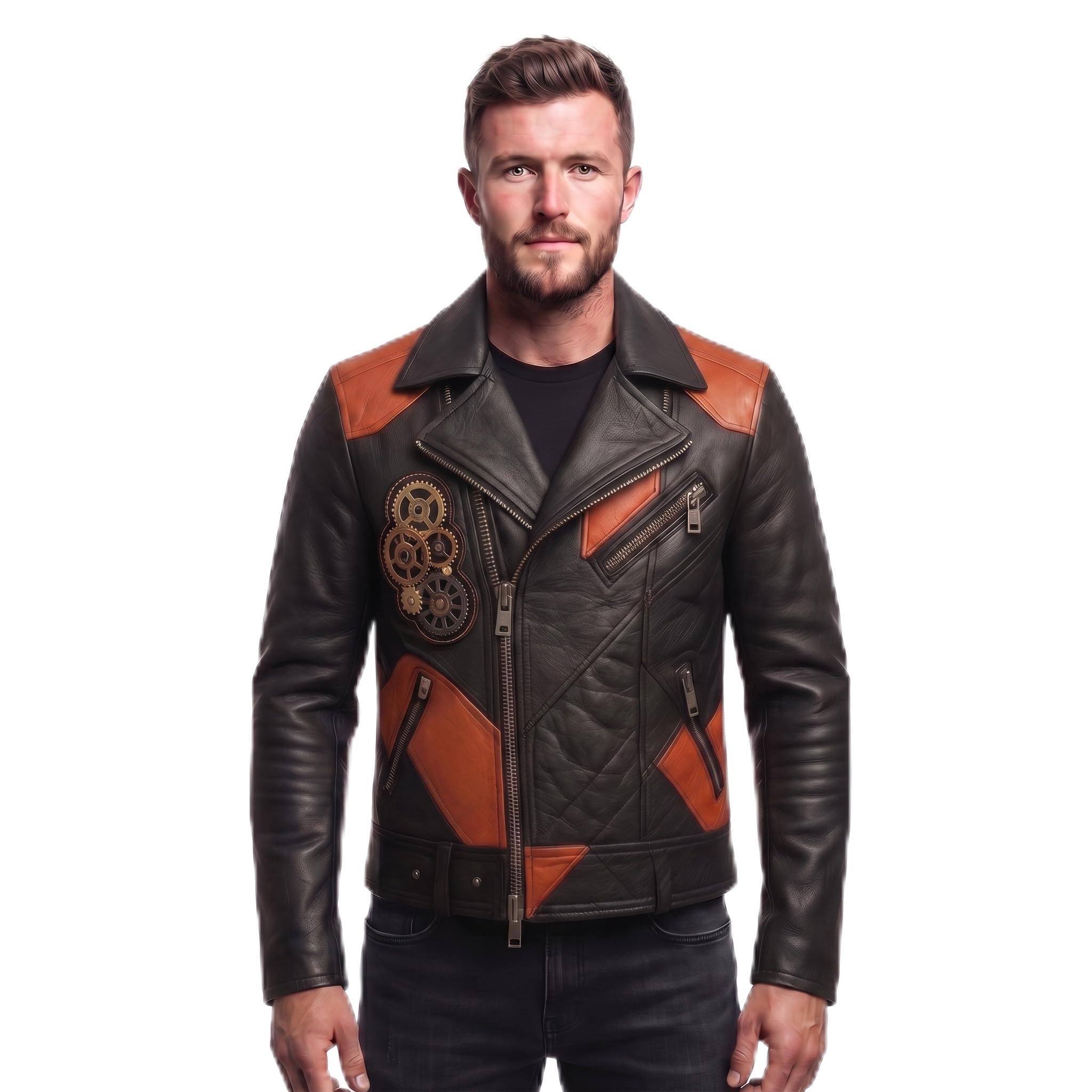 Timber&Hide Men's Leather Biker Moto Jacket | Gothic Cross Design | Embroidered Patch jacket