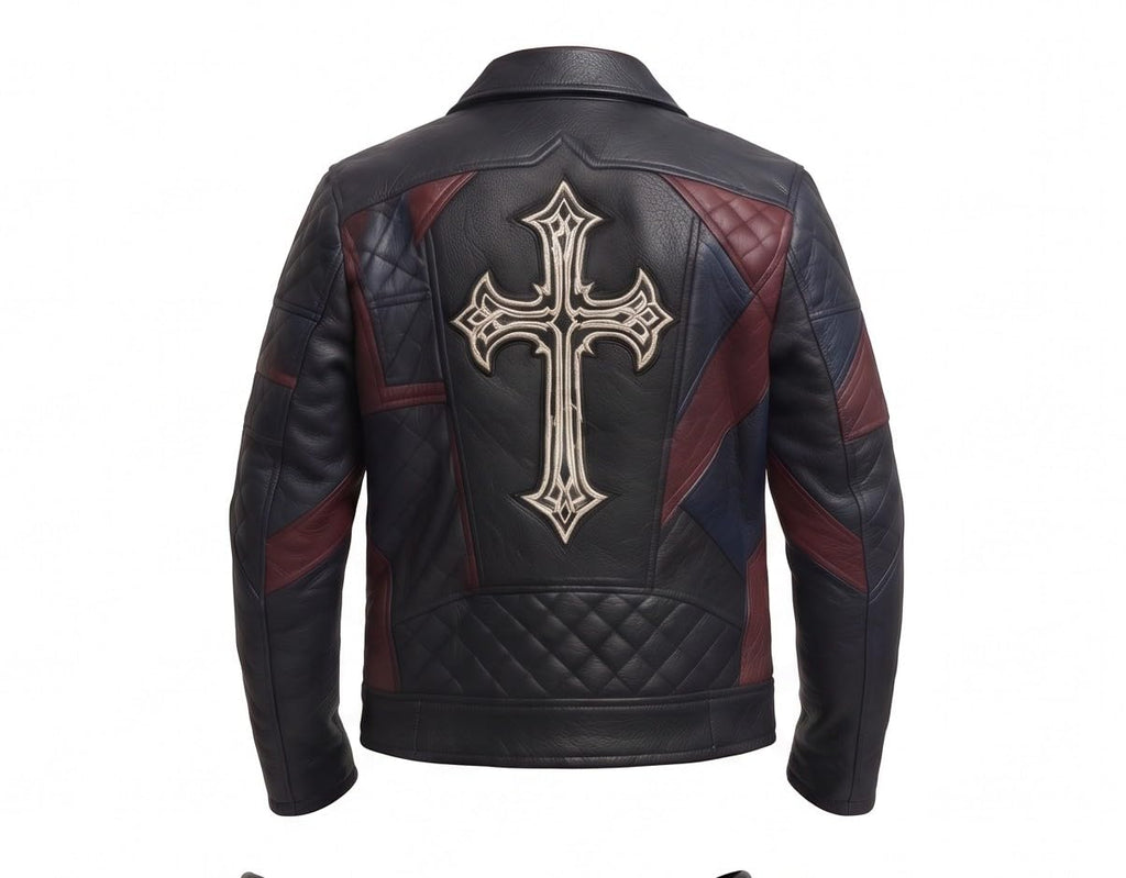 Timber&Hide Men’s Black Leather Biker style Moto jacket with Cross Design Gothic Punk Motorcycle Style