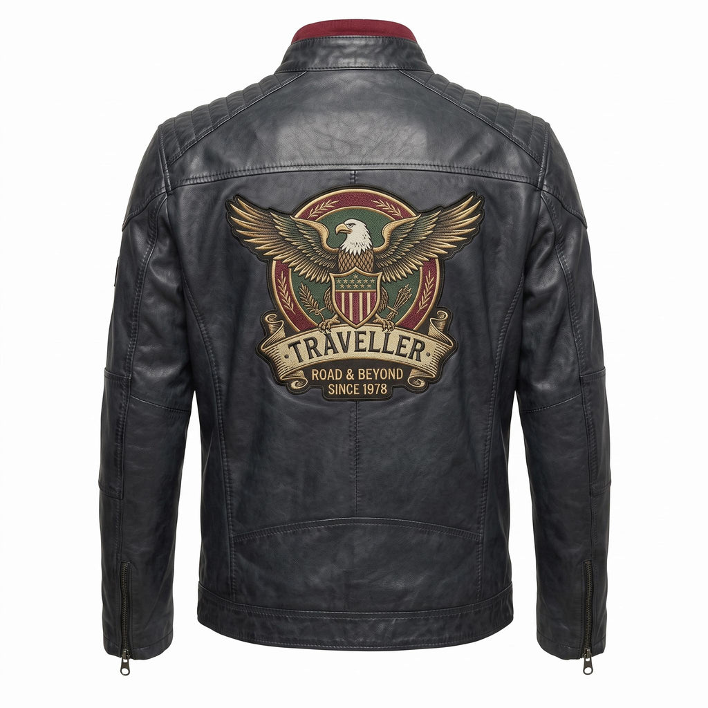 Men's Genuine Leather Biker Jacket | Eagle Patch Cafe Racer Coat