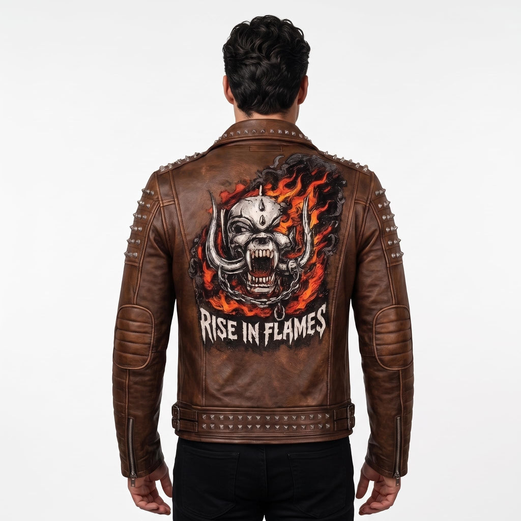 Timber&Hide Handmade Men's Black Leather Studded Biker Jacket | Custom Demon Skull Punk Rock Design