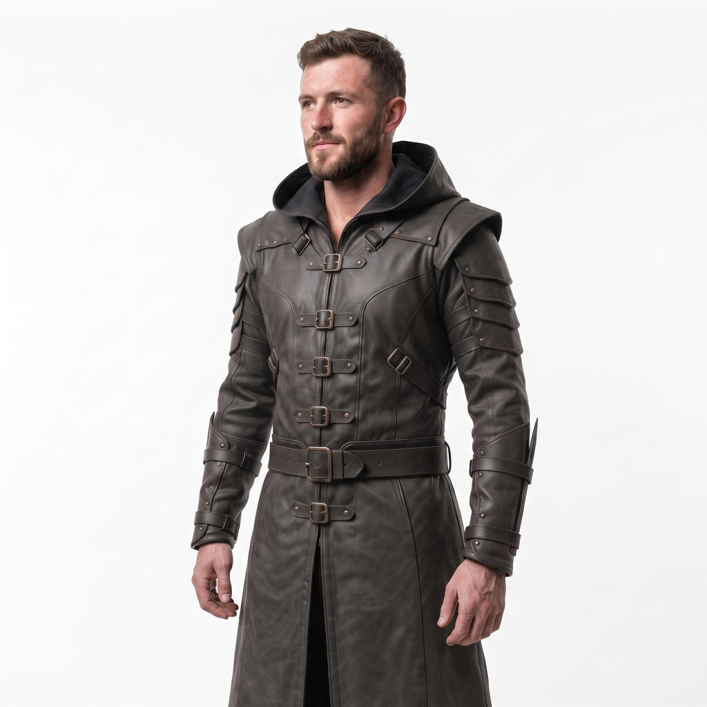 Men's Hooded Leather Assassin Coat | Medieval Ranger Trench LARP Cosplay Jacket