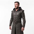 Men's Hooded Leather Assassin Coat | Medieval Ranger Trench LARP Cosplay Jacket