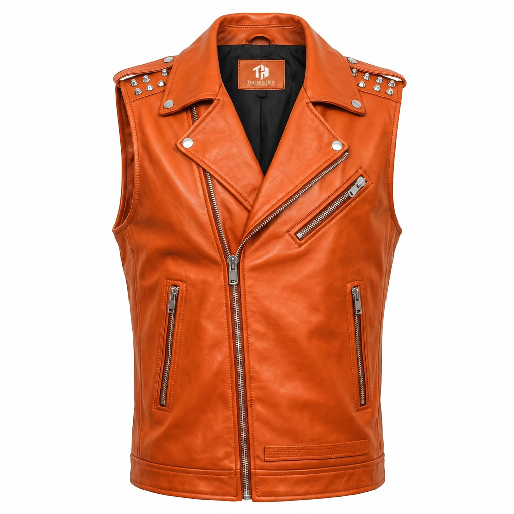 Timber&Hide Men's Genuine Leather Motorcycle Biker Vest – Classic Double Rider Style with Studded Shoulders