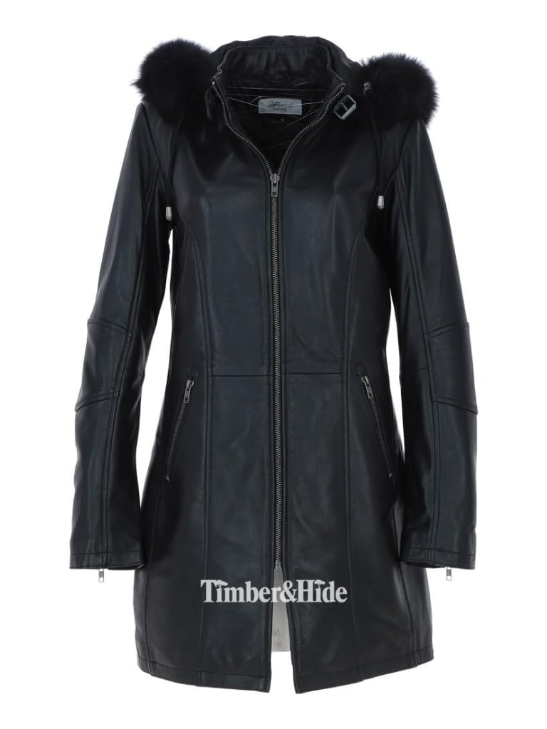 Women's Detachable Fur Hood 3/4 Leather Jacket.