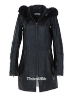 Women's Detachable Fur Hood 3/4 Leather Jacket.