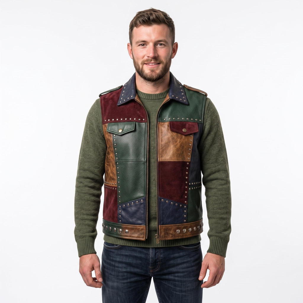 Men's Patchwork Leather Biker Vest | Studded Jacket with Printed Back
