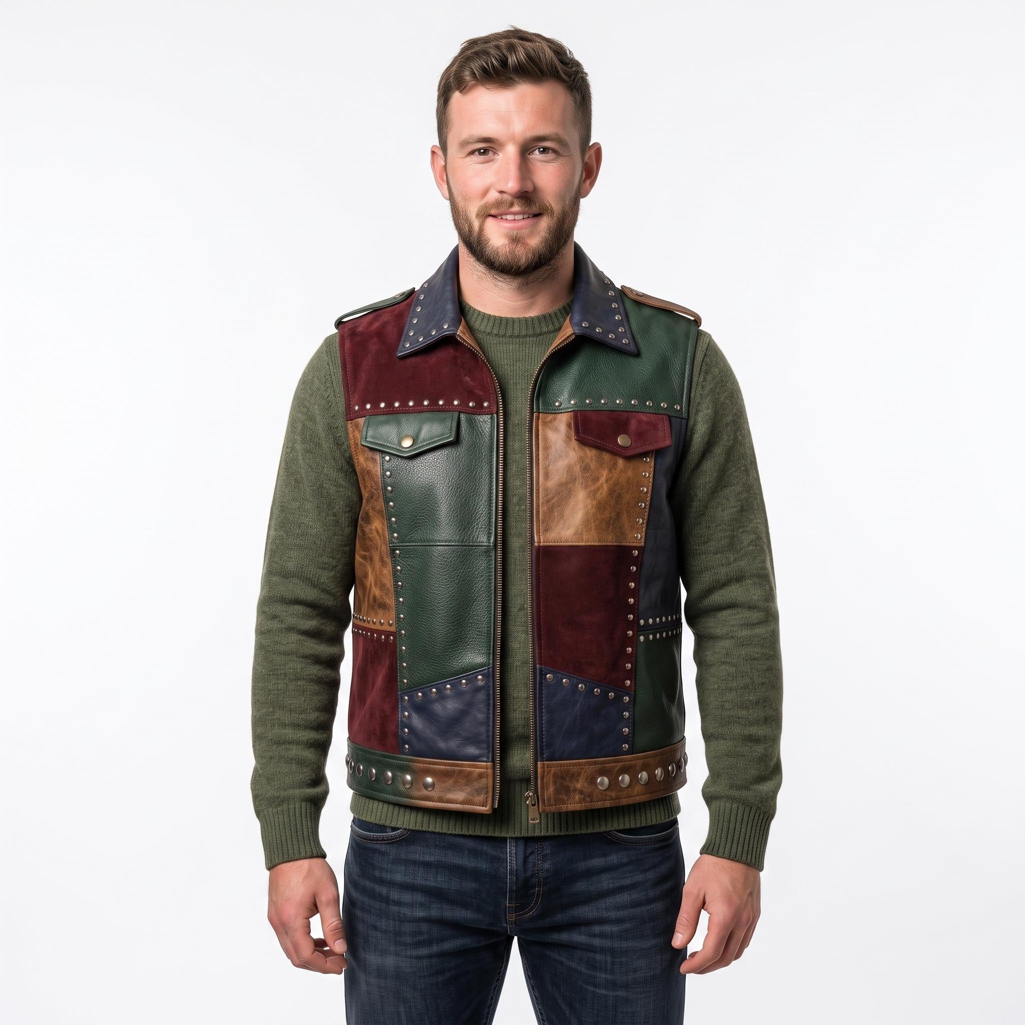 Men's Patchwork Leather Biker Vest | Studded Jacket with Printed Back