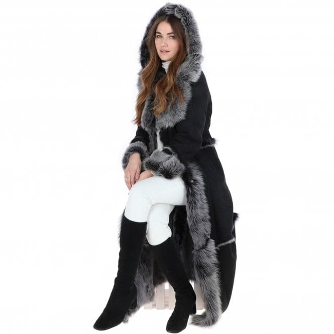 Women’s Premium Full-Length Suede Leather Coat with Full Fur Interior | women long length sheepskin coat brown, Tan and Black