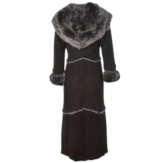 Women’s Premium Full-Length Suede Leather Coat with Full Fur Interior | women long length sheepskin coat brown, Tan and Black
