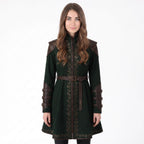 Women's Dark Green Elven Ranger Coat with Leather Accents and Embroidery