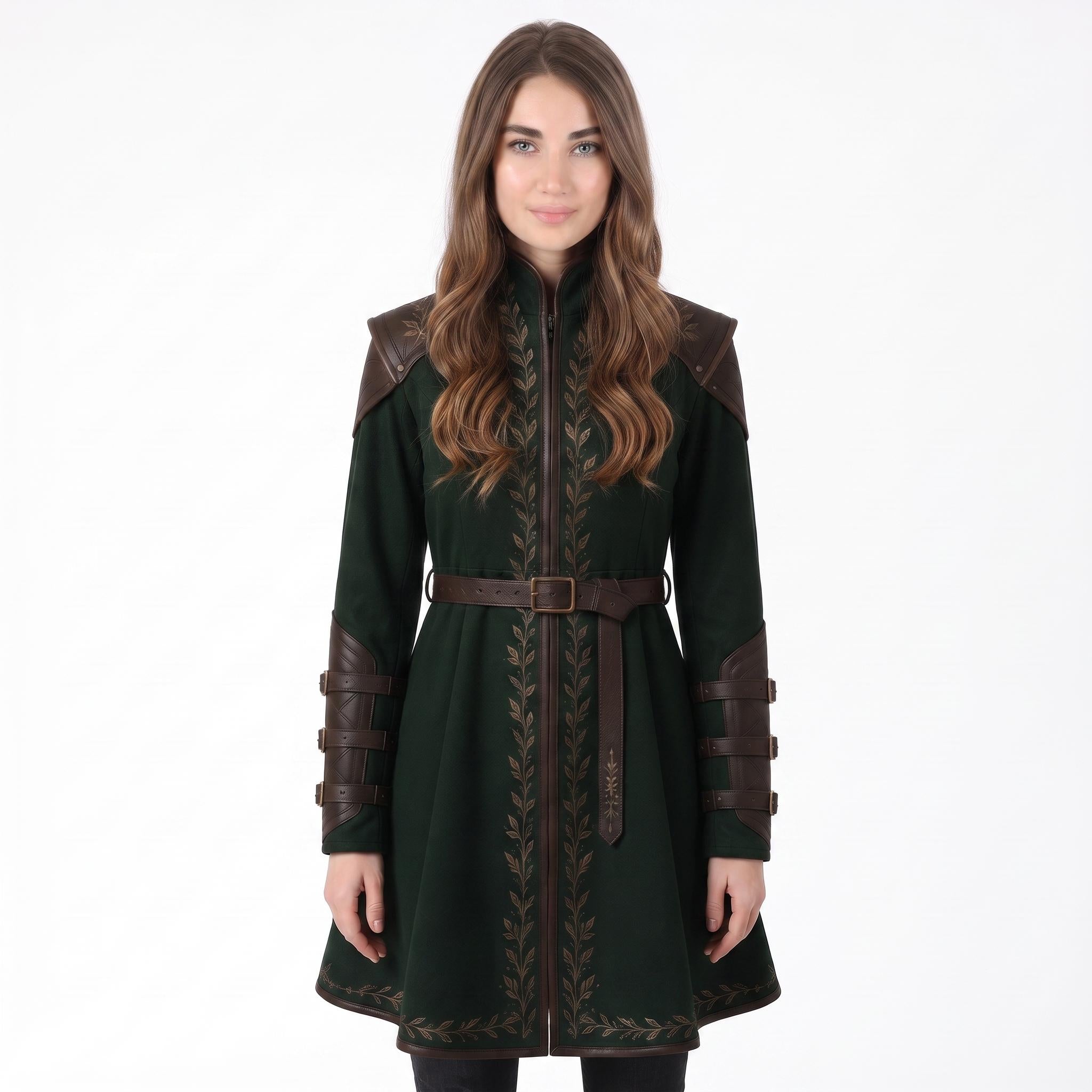 Women's Dark Green Elven Ranger Coat with Leather Accents and Embroidery
