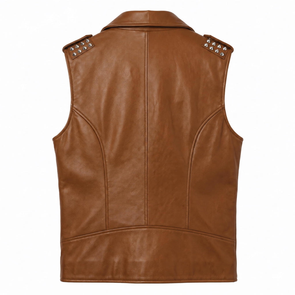 Timber&Hide Men's Genuine Leather Motorcycle Biker Vest – Classic Double Rider Style with Studded Shoulders