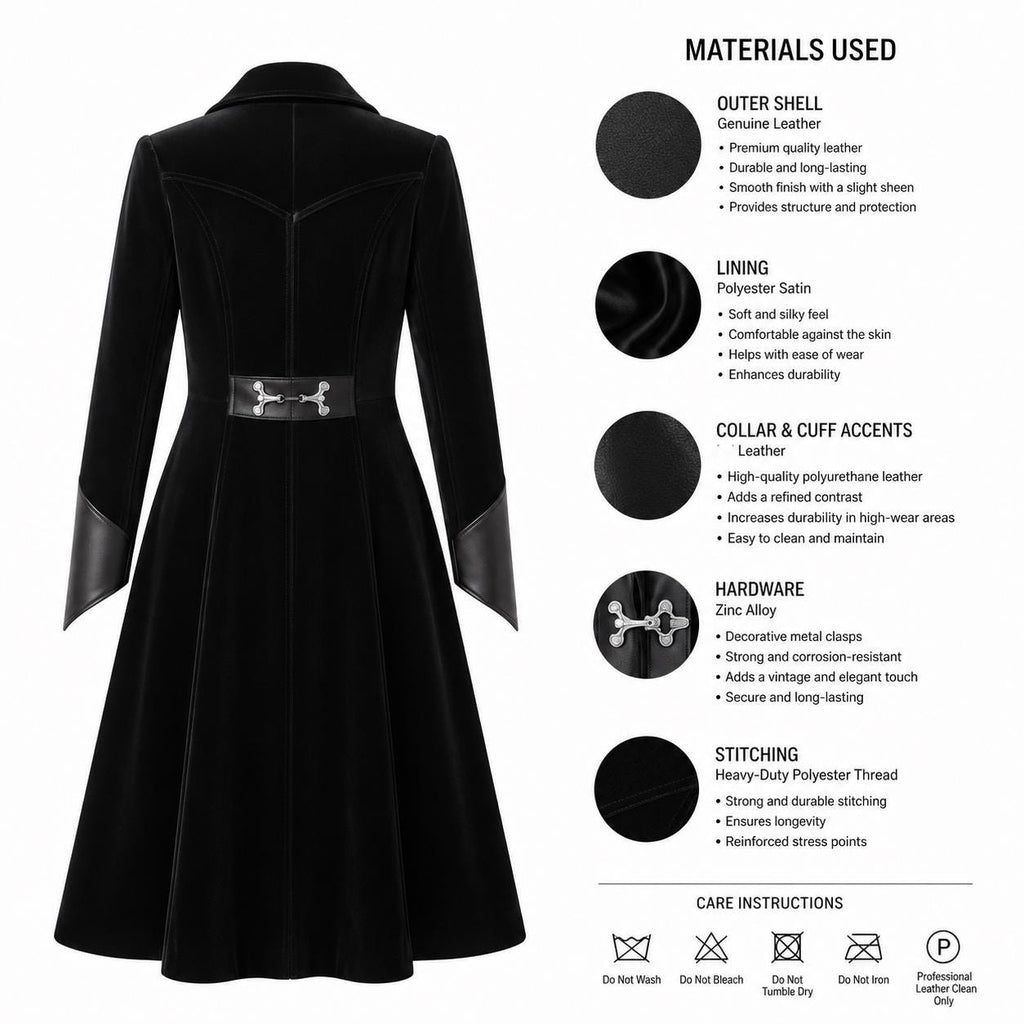 Black Velvet Victorian Coat | Genuine Leather Trim, Medieval Fantasy Jacket