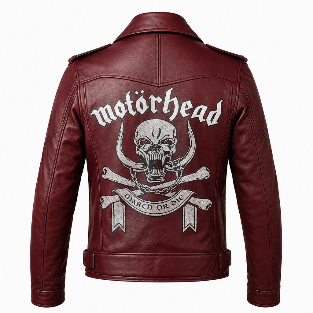Motorhead Inspired Burgundy Leather Biker Jacket with Skull Print
