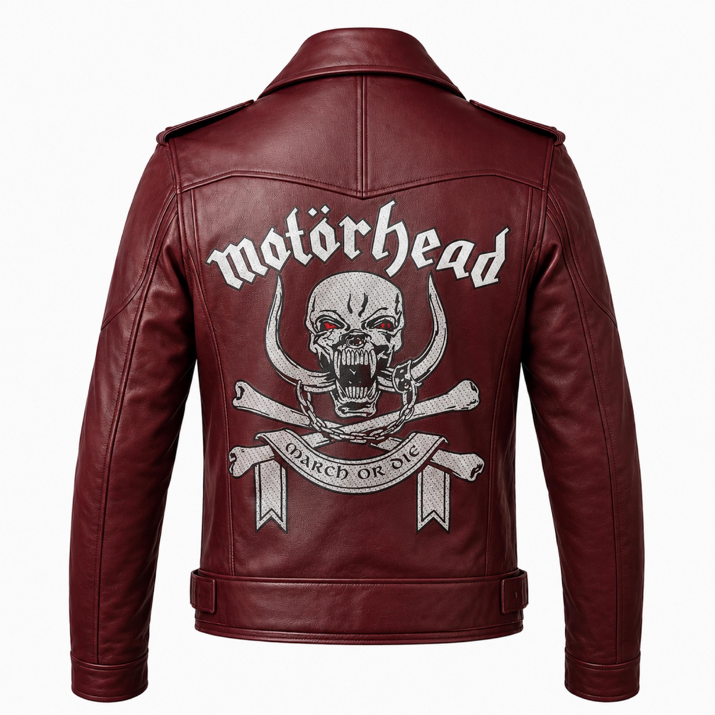 Motorhead Inspired Burgundy Leather Biker Jacket with Skull Print