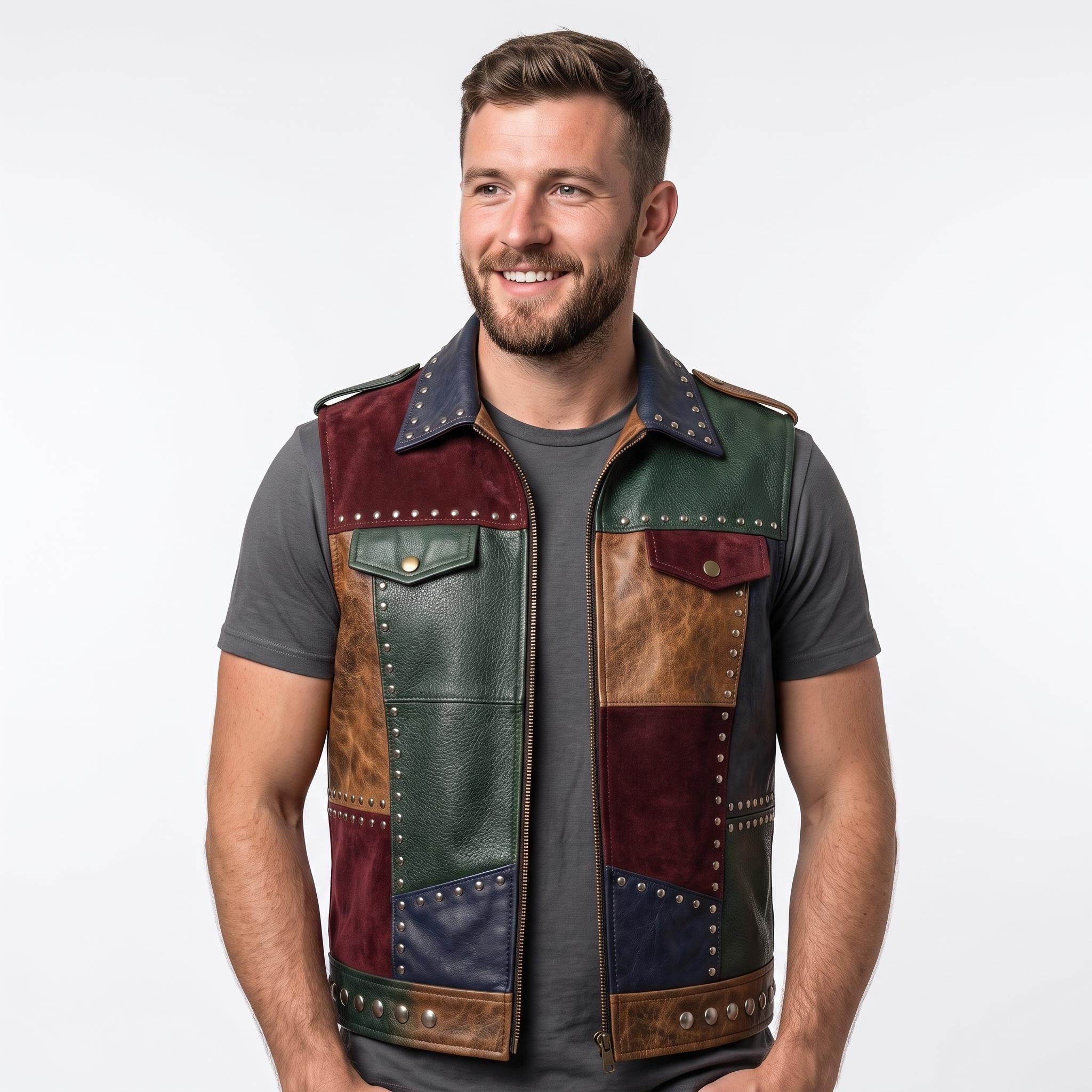 Men's Patchwork Leather Biker Vest | Studded Jacket with Printed Back