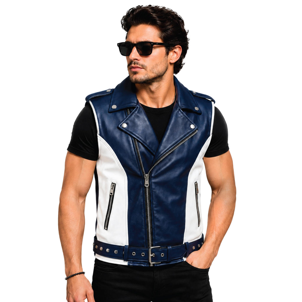 Men's Blue White Leather Biker Vest | Phoenix Print Motorcycle Riding Waistcoat