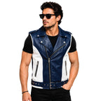 Men's Blue White Leather Biker Vest | Phoenix Print Motorcycle Riding Waistcoat