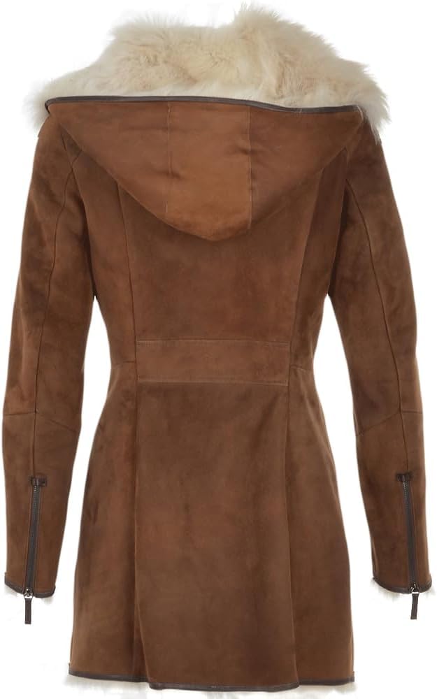 Timber&Hide Luxury Hooded Toscana Coat Brown with Shearling Trim