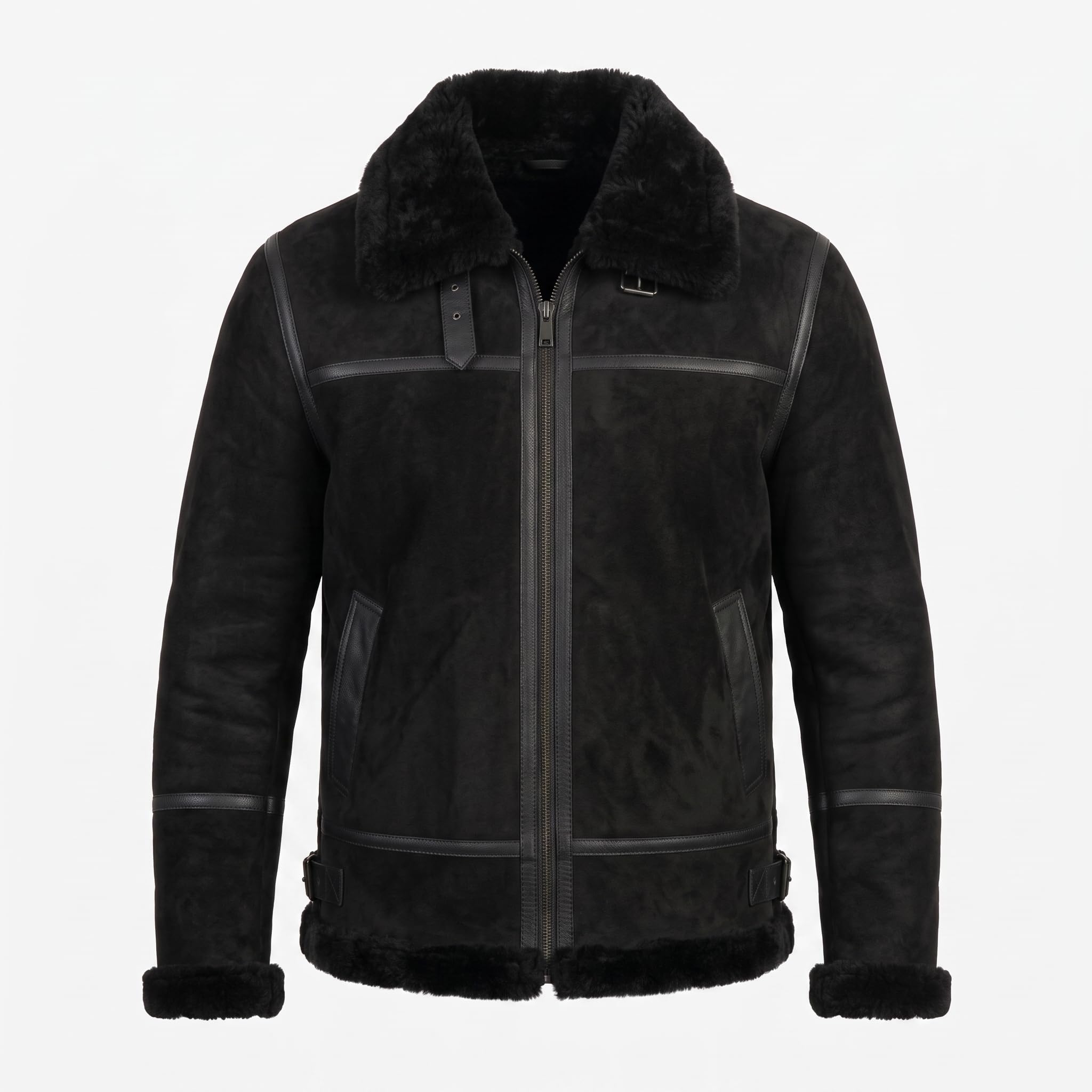 Timber&Hide Black Suede Lamb Shearling Biker Jacket with Buckle Collar – Premium Suede Shearling Jacket