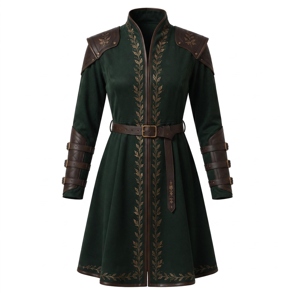 Women's Dark Green Elven Ranger Coat with Leather Accents and Embroidery