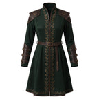 Women's Dark Green Elven Ranger Coat with Leather Accents and Embroidery