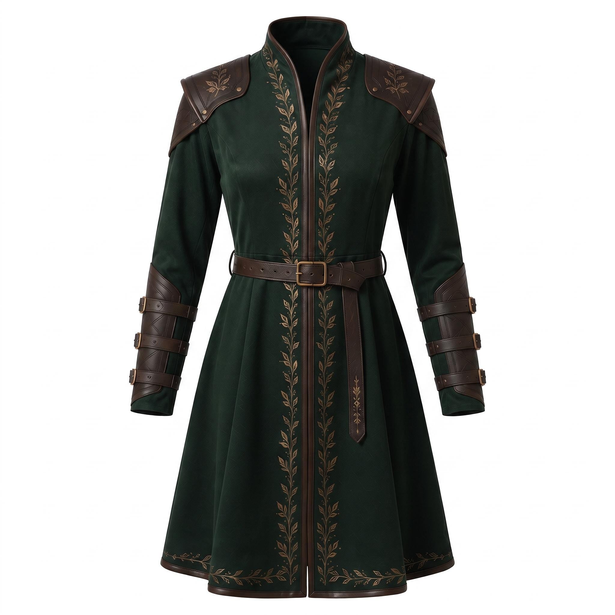 Women's Dark Green Elven Ranger Coat with Leather Accents and Embroidery