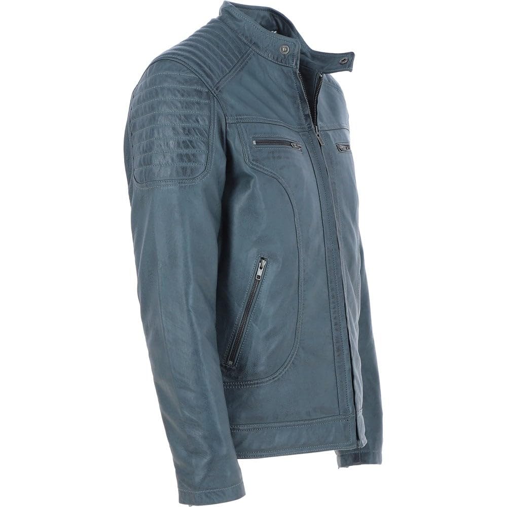 Men's Black Leather Biker Jacket with Zip Front, Multiple Pockets