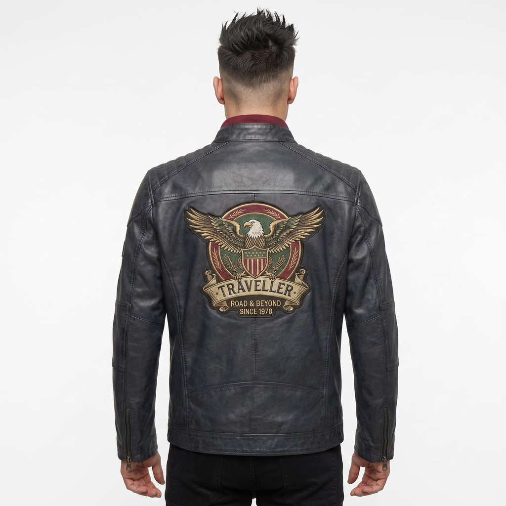 Men's Genuine Leather Black Biker Jacket with Eagle Back Patch, Handmade Vintage Cafe Racer Motorcycle Jacket