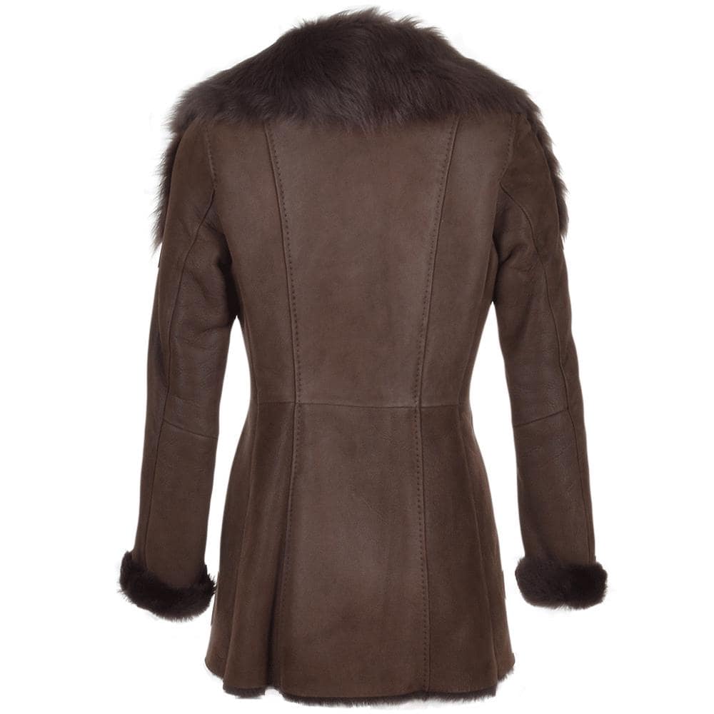 Women's Brown Shearling Leather Jacket, Faux Fur Collar Winter Coat